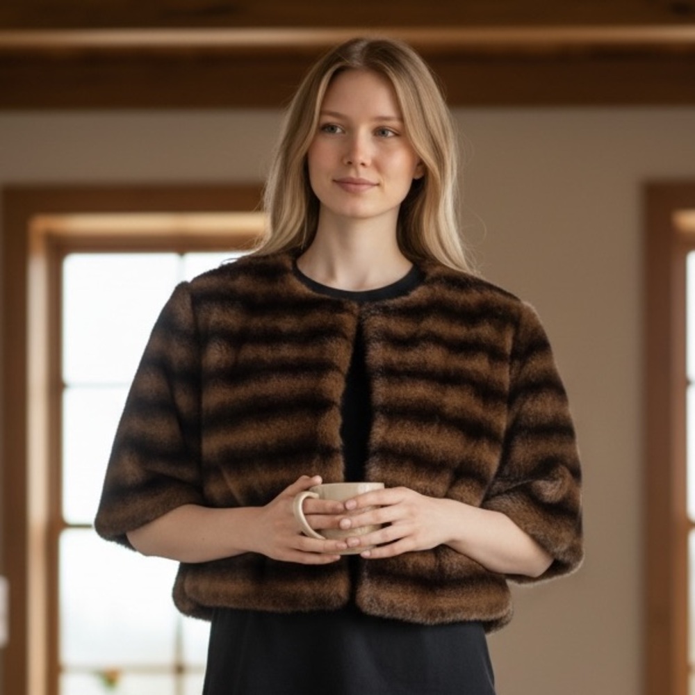 NWT LA FIORENTINA Luxurious Brown Striped Faux Fur Capelet Bolero Shrug Cropped